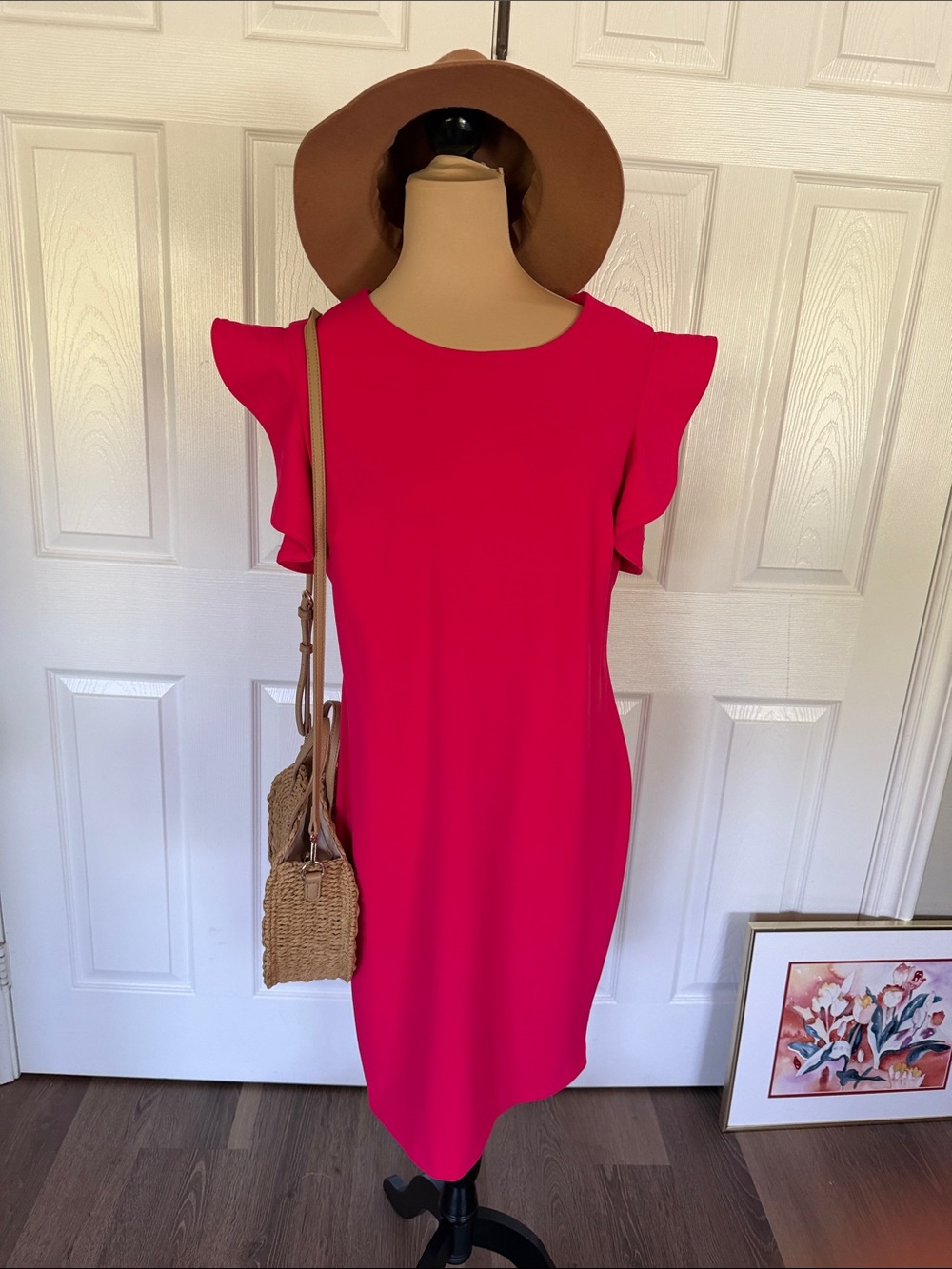 Calvin Klein Hot Pink Flutter Sleeve Midi Dress